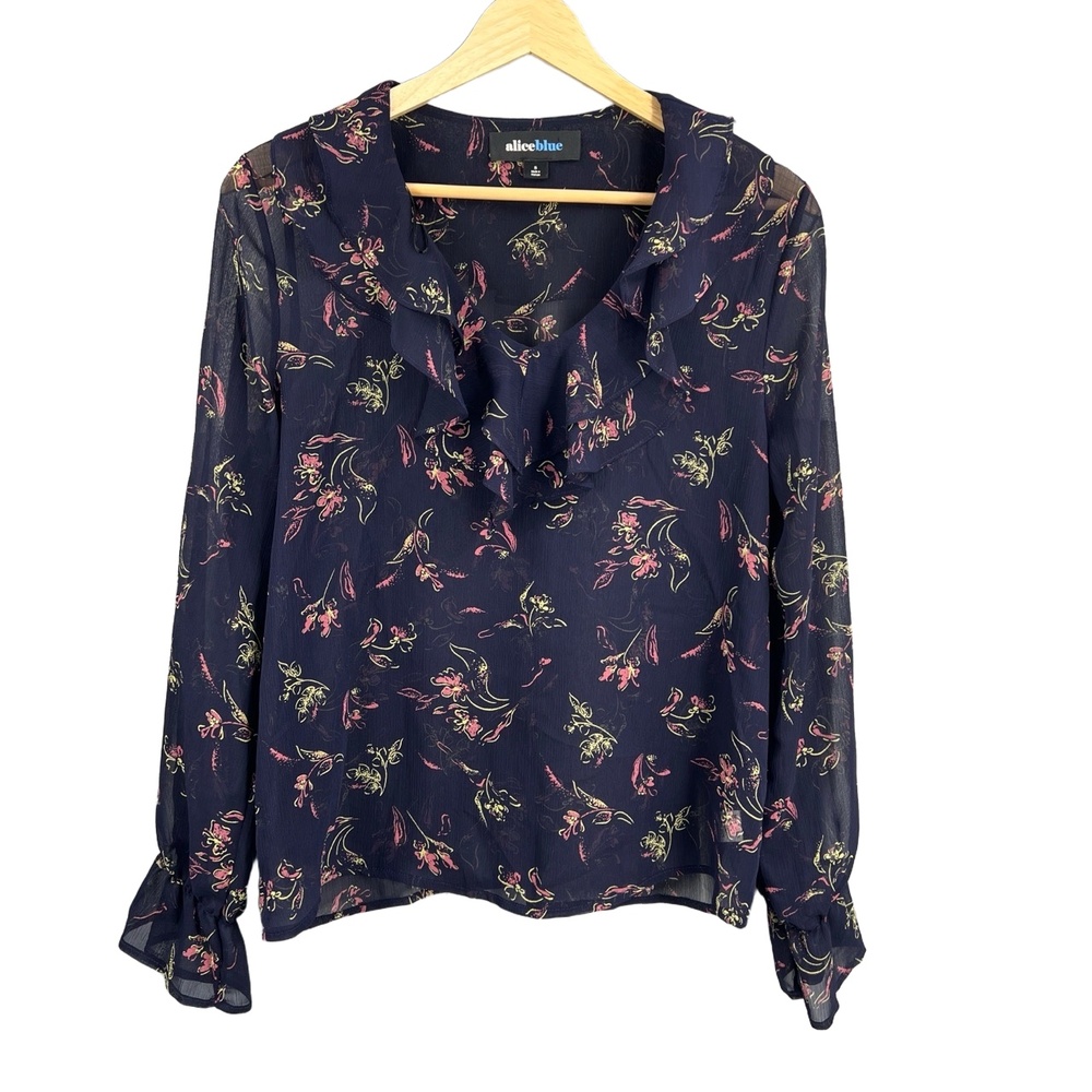 Alice Blue Blouse Navy Ruffle Sheer Fabric Floral Feminine Small